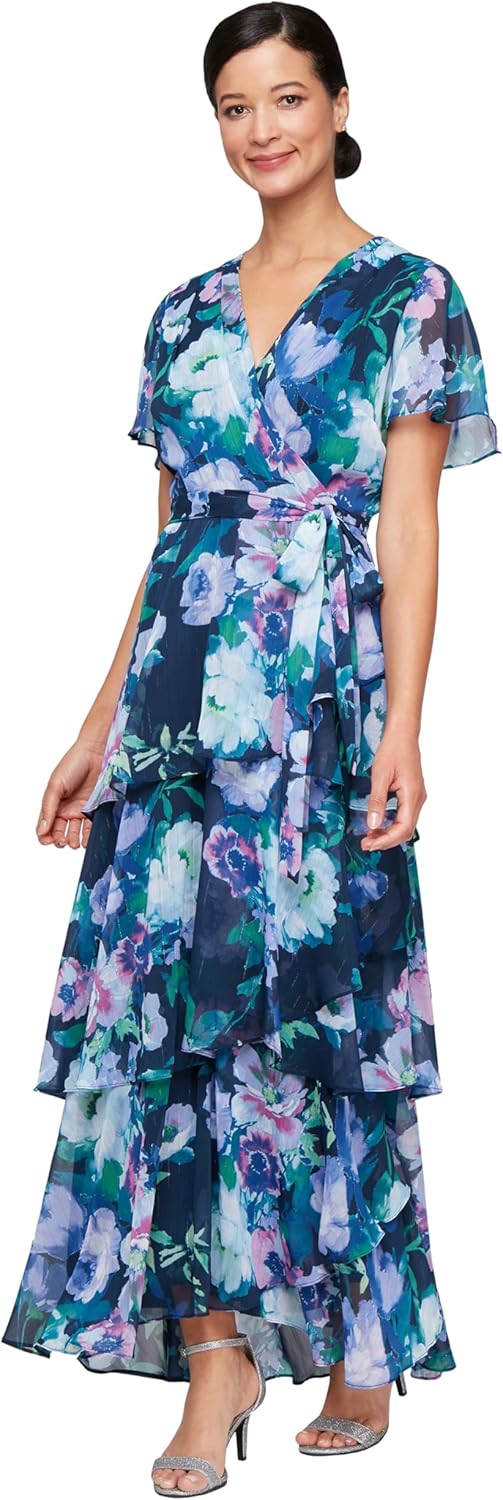 S.L. Fashions Womens Short Sleeve Tiered Skirt Long Maxi Dress with Surplice Neckline, Wedding (Petite and Regular Sizes)