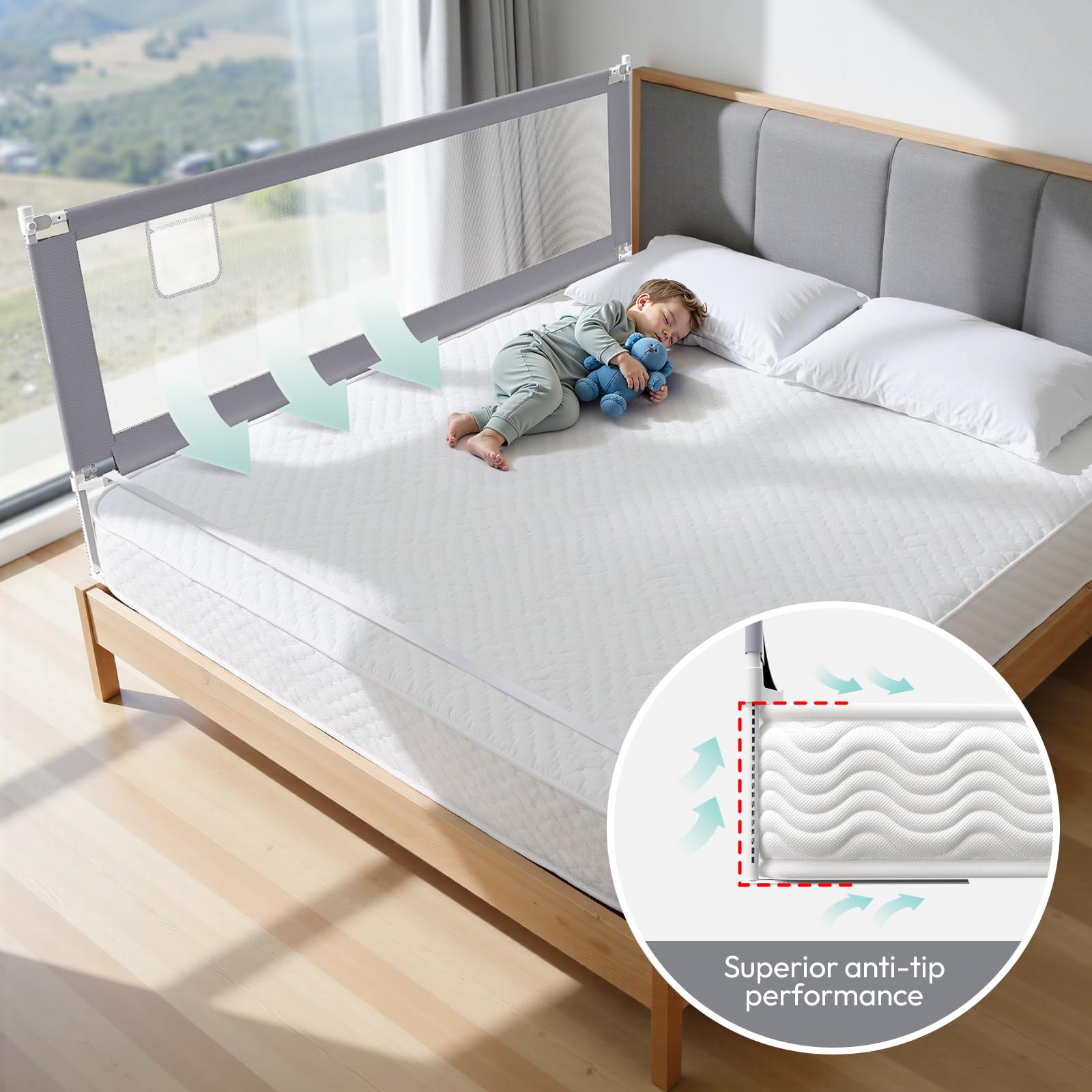 Lertantri Bettschutzgitter Hellgrau 200cm, Rausfallschutz Boxspringbett, Höhenverstellbar, Mit Befestigungsgurten, Ohne Werkzeug Montage (1 Stück) - 3