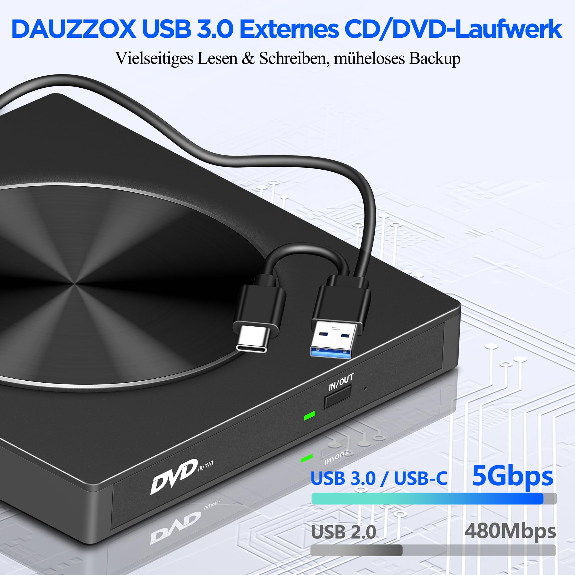 Lettore DVD CD esterno USB 3.0 & USB-C, unità ottica ultra sottile con 2 porte USB e lettore di schede SD/TF, Plug & Play External DVD Drive per laptop, PC, desktop, Windows, Mac, Linux