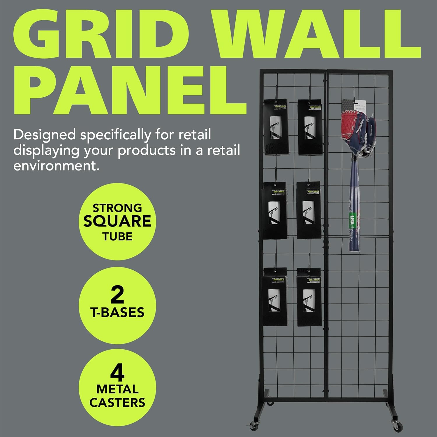Pearington Gridwall Panel Display Stand, 2'x5.5' Heavy Duty Floor Standing Rack with Detachable Gridwall, Moveable Silent Wheel, Easy to Transport, Ideal for Retail & Craft Fairs