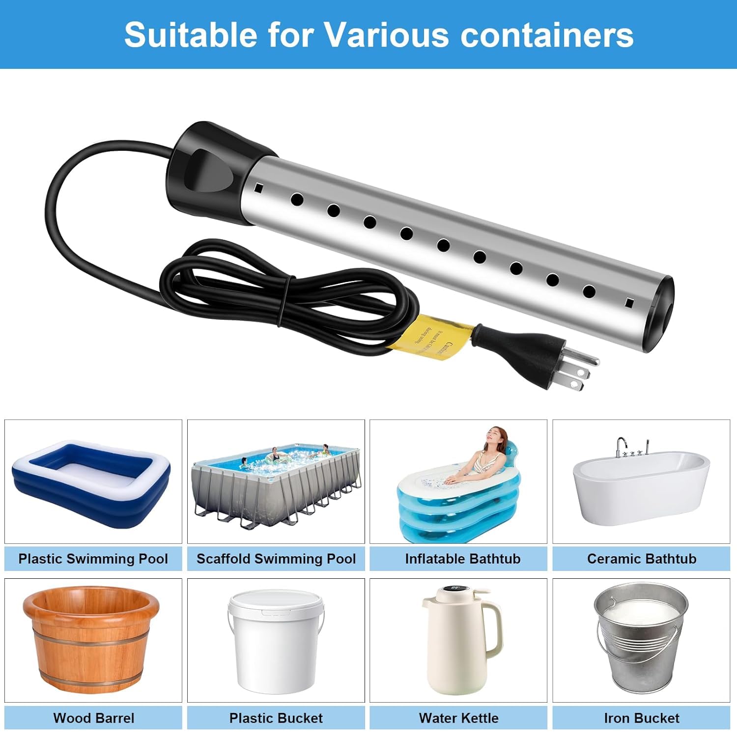 B013 Immersion Water Heater,2000W Portable Hot Water Heater with Digital LCD Thermometer,Bucket Heater with 304 SS Guard,Fast Heating Small Pools, Bathtubs,Buckets,Tanks