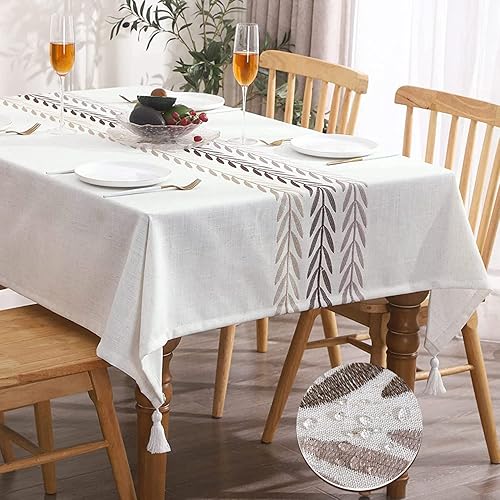 Tosleo Manteles de lino bordados de trigo beige de 55 x 102 pulgadas para mesas rectangulares, mantel impermeable, sin arrugas, antidecoloración,