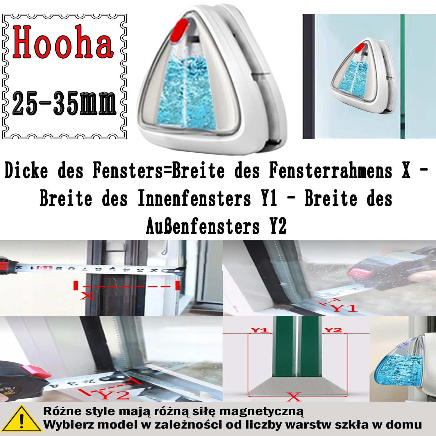 Hooha Fensterputzer Magnetisch Double Side Magnetic Fensterreiniger Einfachverglasung Doppelverglasungen Glasreinigungswerkzeuge mit Sicherheitsseil Speicherbarem Wasser3-8/8-15/15-26/25-35mm(25-35mm)