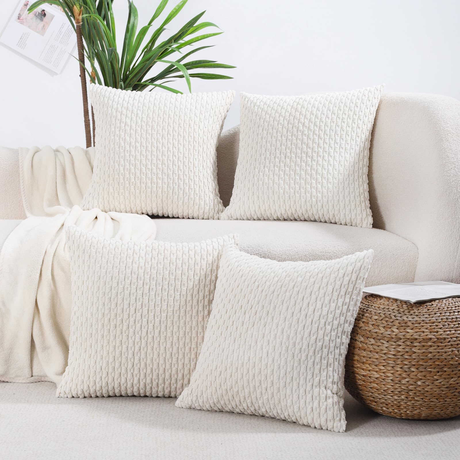 VAKADO Couch Decorative Throw Pillow Covers Cream White 18x18 Set of 4 Boho Corduroy Home Living Room Neutral Rustic Farmhouse Cushion Case Decor