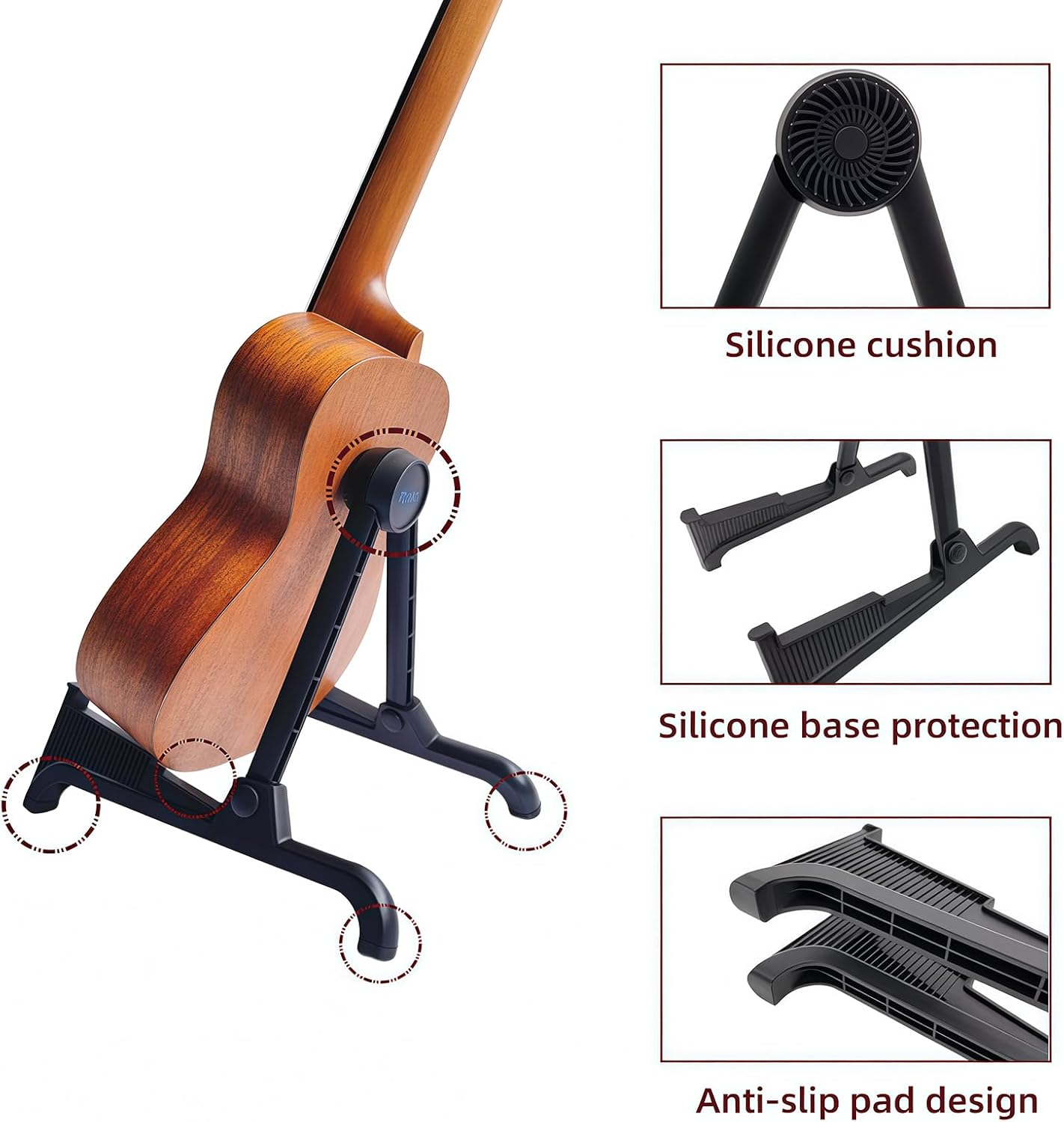 nalu Classic A-Frame Tripod Adjustable Guitar Stand for Acoustic Bass Electric Guitars and Ukuleles Folding Floor Stand Small Good for Traveling (BlackRubber+BlackFream2pack) image 4