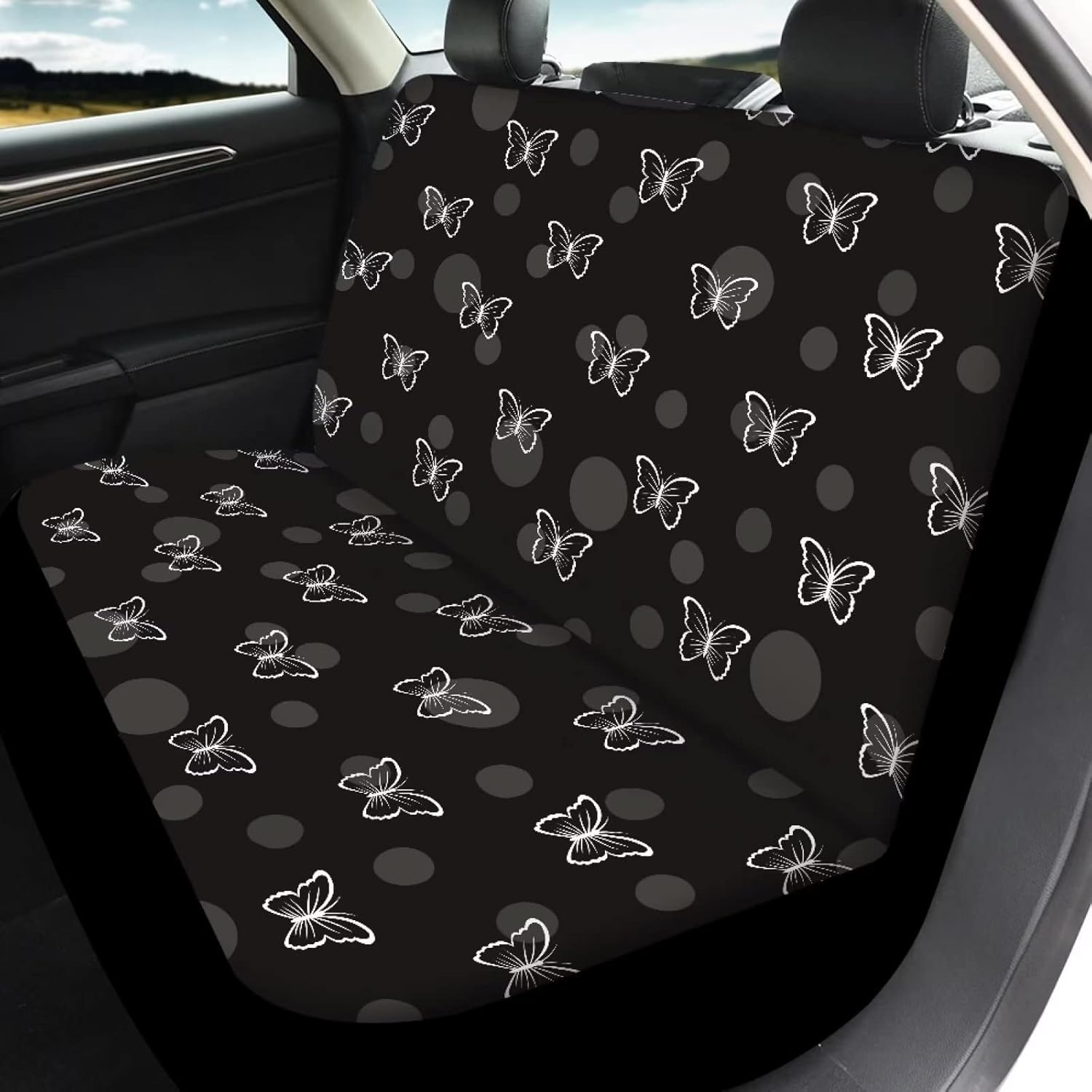 Black Butterfly Print Two Front Seat Covers for Cars with Rear Bench Back Seat Cover Durable Set for Women Auto Interior Accessories Protectors Elastic Car Seat Covers Universal Fit Most Car Trucks