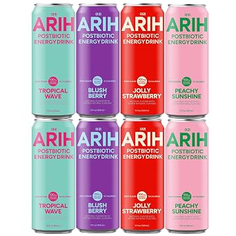 ARIH Energy Drink Assorted Variety Pack - Zero Sugar Energy Drink - Tropical Wave, Blush Berry, Jolly Strawberry, Peachy Sunshine, 12 fl oz Cans 8 Pack