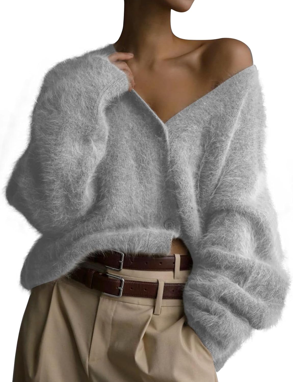 COZYPOIN Womens Fuzzy Mohair Cardigan Open Front Button Down V Neck Long Sleeve Sweater Slouchy Drop Shoulder Knit Coat