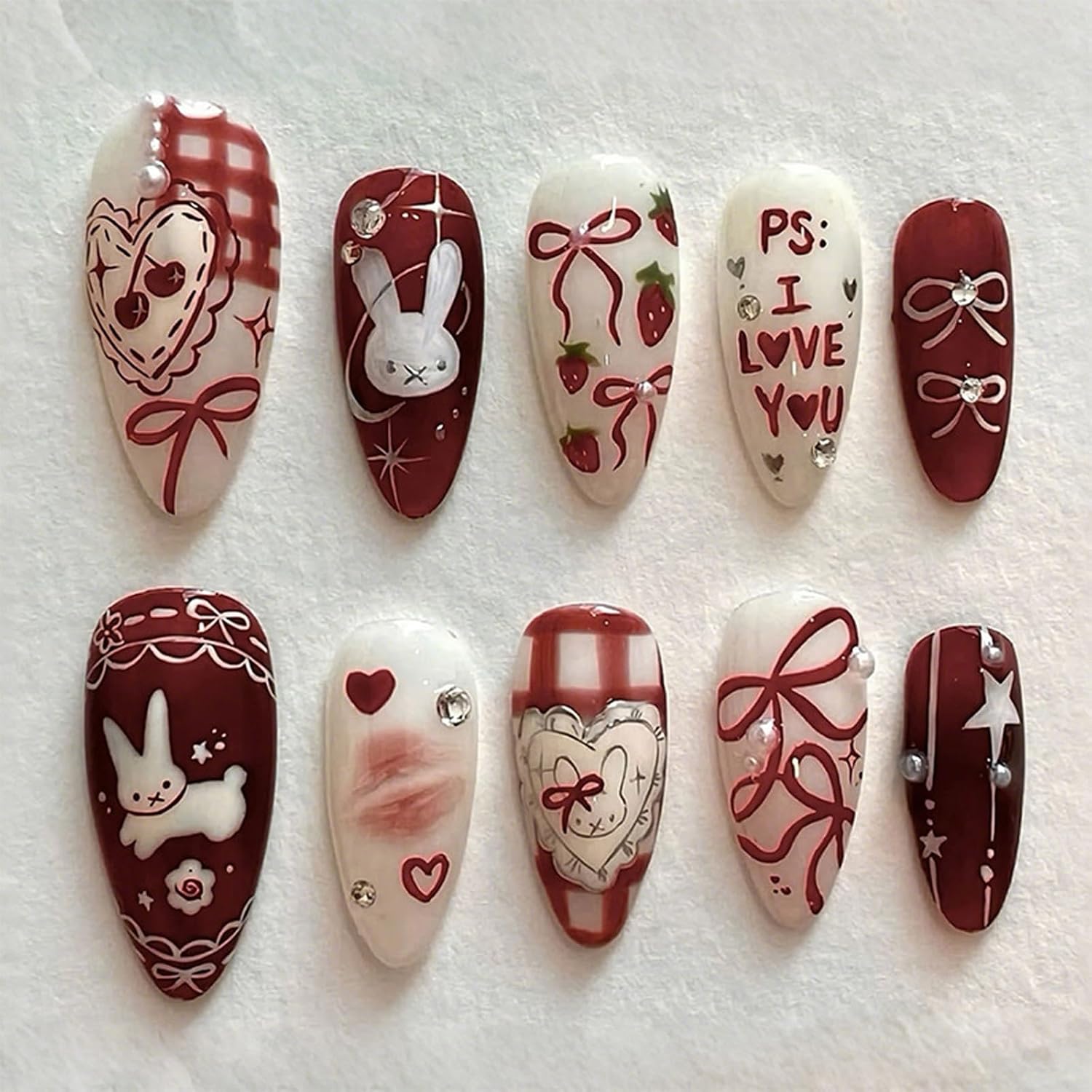 IMRAIN Red Almond Press-on False Nails - Cute Rabbit Design