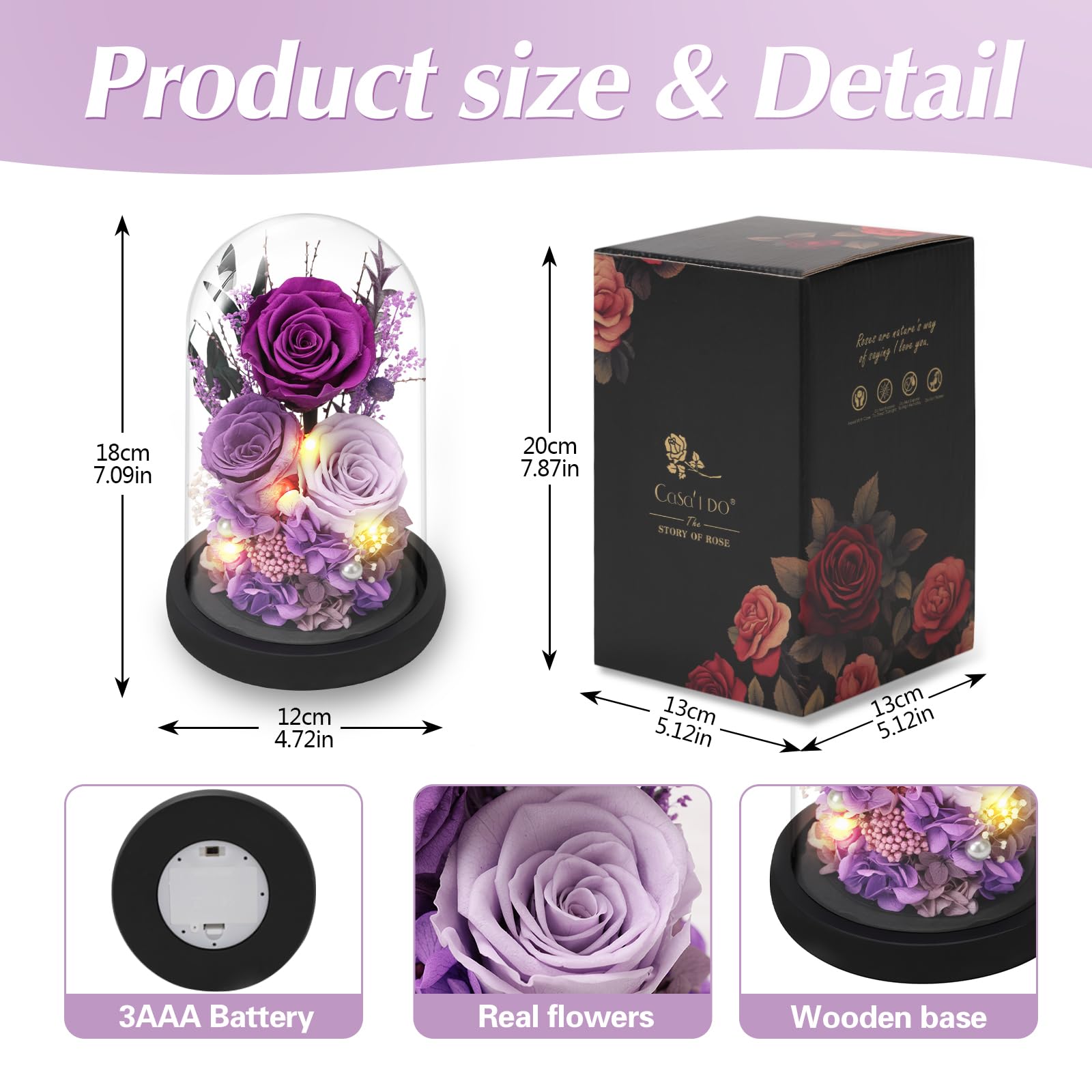 Casaido Flores de rosas preservadas para entrega, flores moradas para siempre en cúpula de cristal para mujeres, mamá, esposa, novia, abuela, rosa eterna, regalo de cumpleaños para el día de la madre