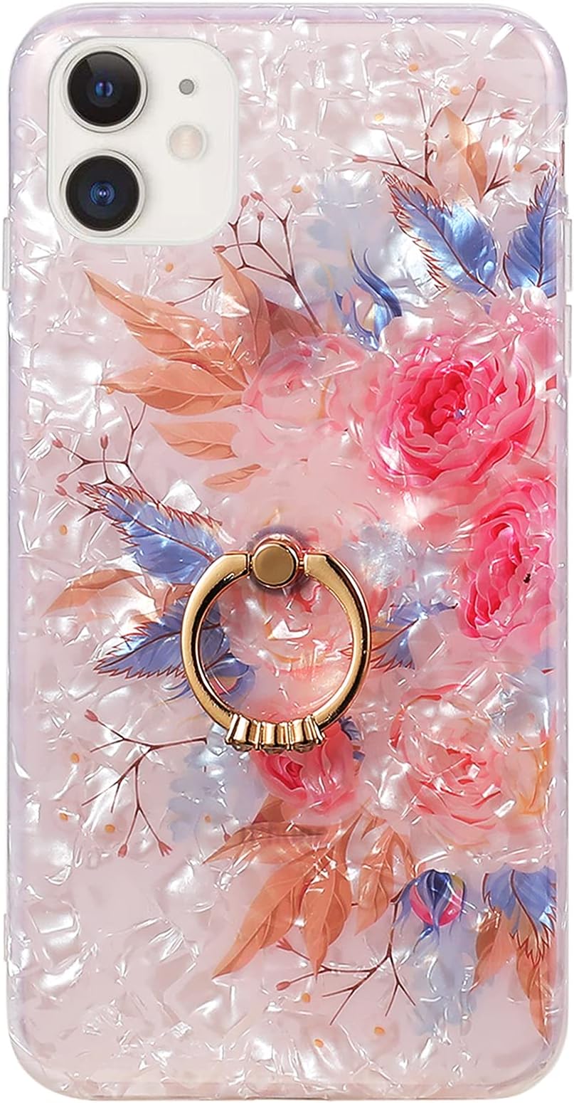 Qokey iPhone 11 Case Floral Case Cute Clear Flower Case for Women Girls with 360 Degree Rotating Ring Stand Holder Kickstand Soft TPU Shockproof Cover Designed for iPhone 11 6.1 Inch Pink Flower