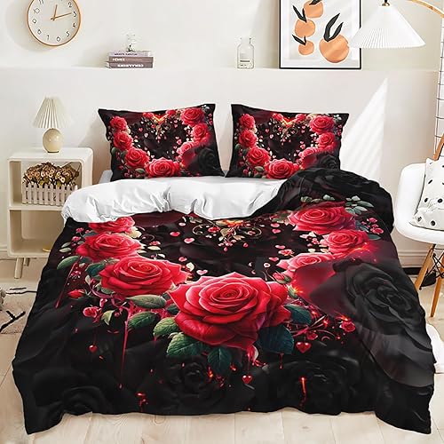 Miniatura 47 de AILONEN Juego de funda de edredón de rosa roja, tamaño King, juego de ropa de cama de delfín estrellado azul, funda de edredón romántica de San