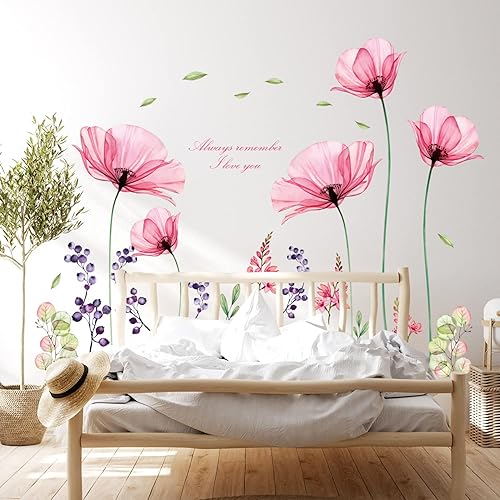 Miniatura 3 de DECOWALL SG2-106 - Calcomanías de pared con diseño de flores rosadas, diseño floral, vintage, para sala de estar, murales, despegar y pegar, para