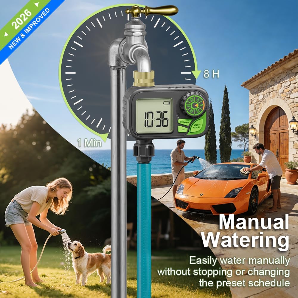 Sprinkler Timer Water Hose Timer - Programmable Digital Irrigation Outdoor Waterproof with Rain Delay, Manual & Automatic Watering System for Yard Lawn Garden Hose, Brass Inlet 1 Outlet