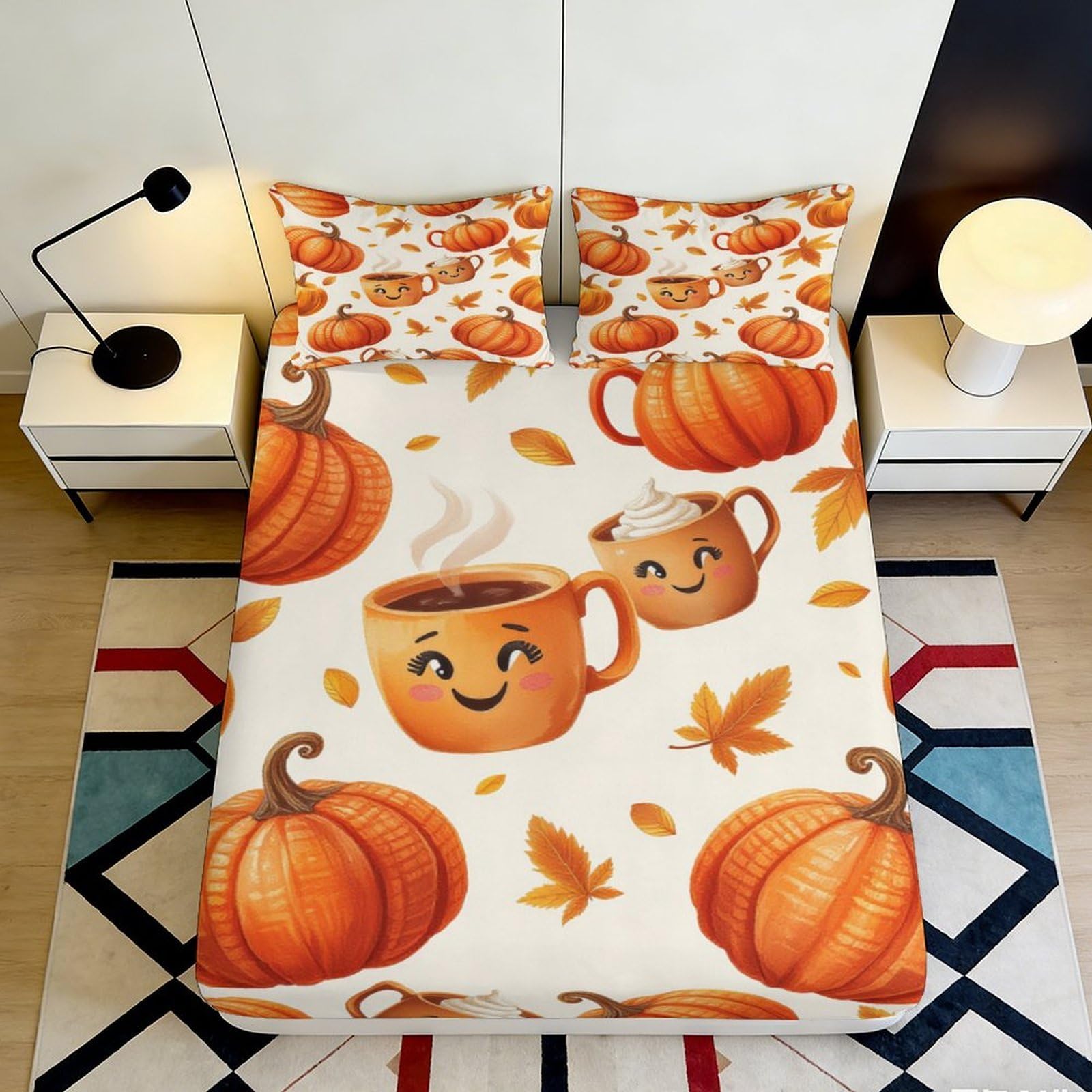 Uynsixtme Style-2 3D Printed Pumpkin Coffee Fitted Sheet Microfiber Deep Pocket Non-Slip Autumn Pumpkin Mattress Fitted Cover For Bedroom 140X200x25cm