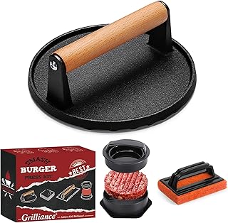 Grilliance Smash Burger Press Kit, 3 in 1 Hamburger Press Patty Maker, Dark Black Cast Iron Burger Press, Cleaning Pad Set for Grill, Griddle, Flat top, Kitchen, Cooking