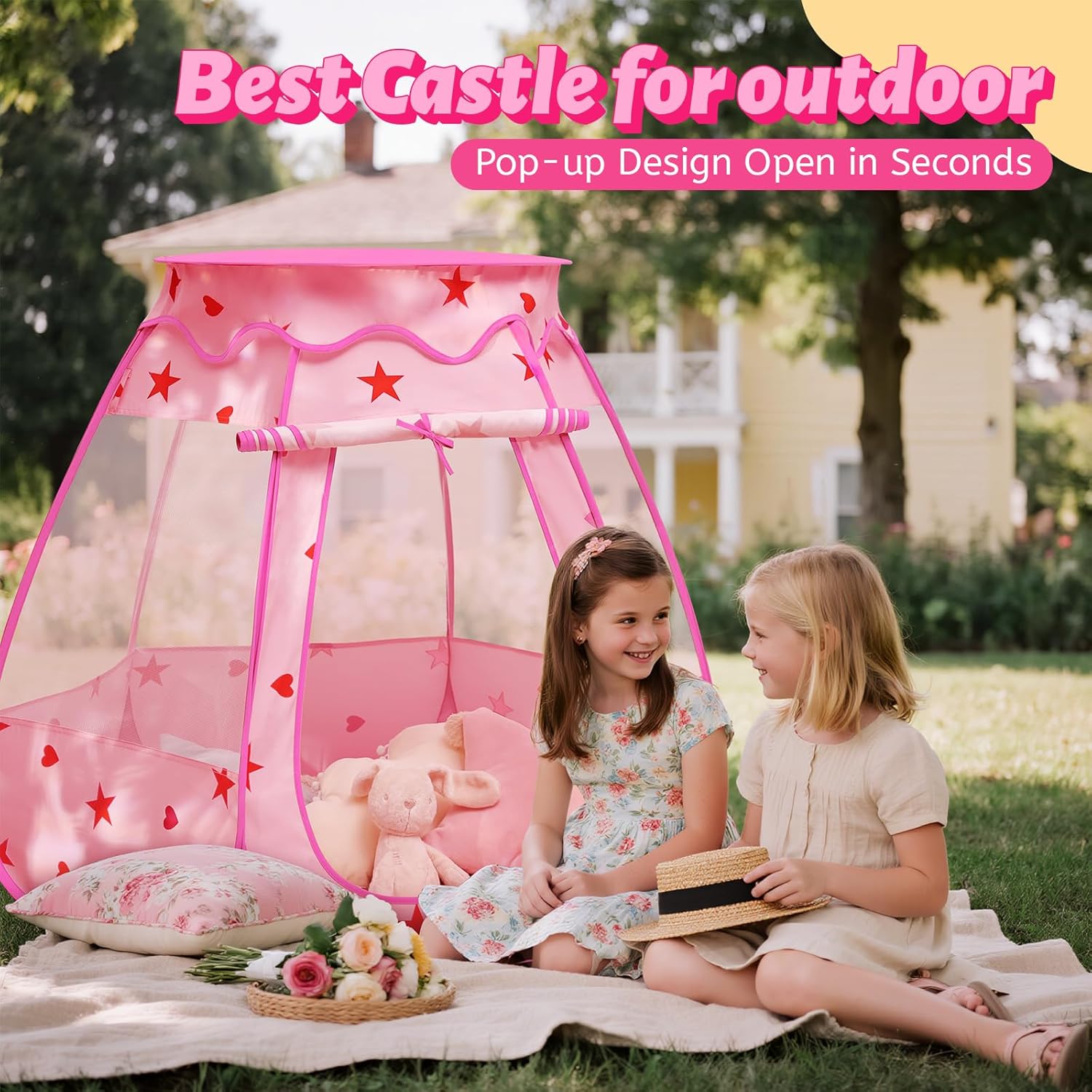 Pop Up Princess Tent with Star Light：Toy for Girl Birthday Gifts, Portable Ball Pit with Outdoor Carry Bag, Collapsible Kids Play Tent for Toddler Indoor Activity Playhouse, NO Balls(Pink) - Image 3