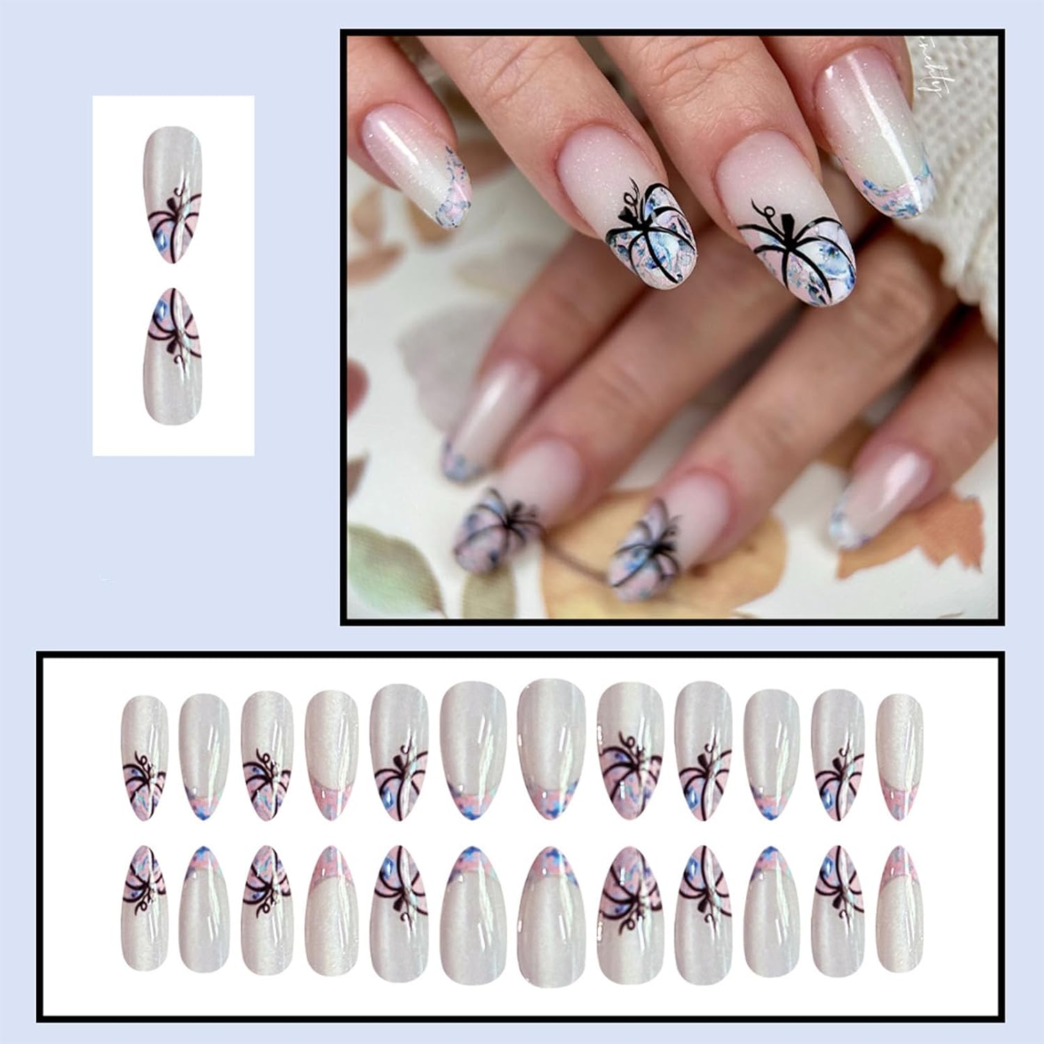 Thanksgiving Press on Nails Medium Almond with Cat Eye French Tip Pumpkin Designs Glossy Thanksgiving Nails Press ons Pink Blue White Glue on Nails Fall Acrylic Stick on Nails for Women 24Pcs