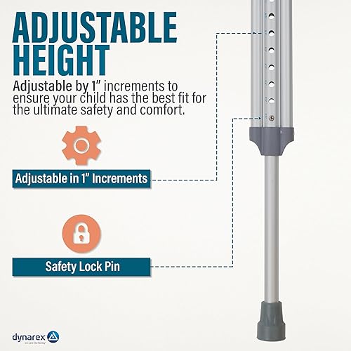 Miniatura 28 de Dynarex Muleta universal de aluminio, niños a adultos - 4'7" a 6'7", ajuste de altura con botón pulsador, axila acolchada y cómodos agarres de mano