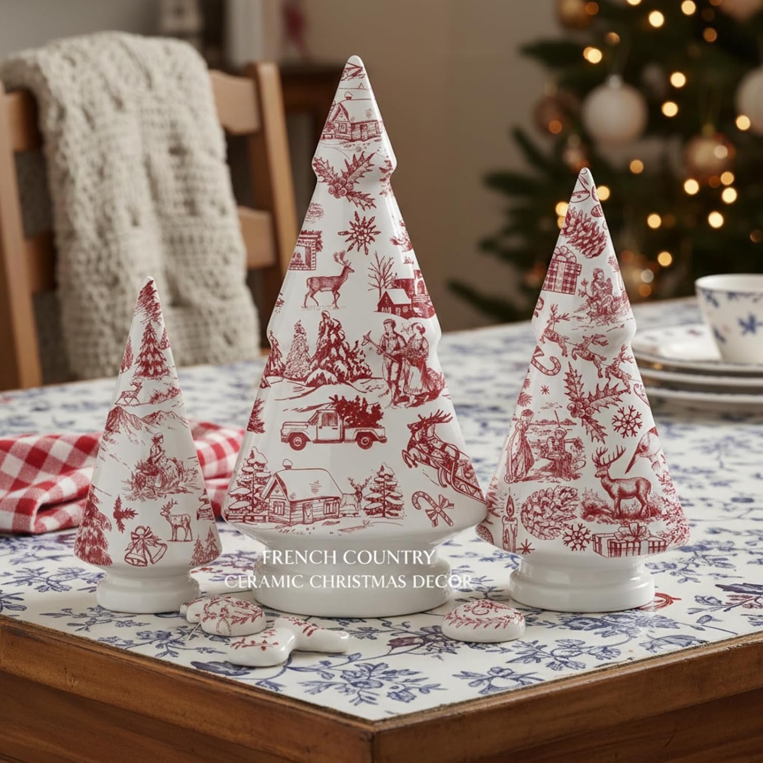 Soaoo 3 Pcs French Country Style Christmas Tree Ceramic Figurine Red and White Xmas Tree Decor Chinoiserie Porcelain Mini Chic Ceramic for Village (Red Christmas Style, 6, 8, 10 Inch)