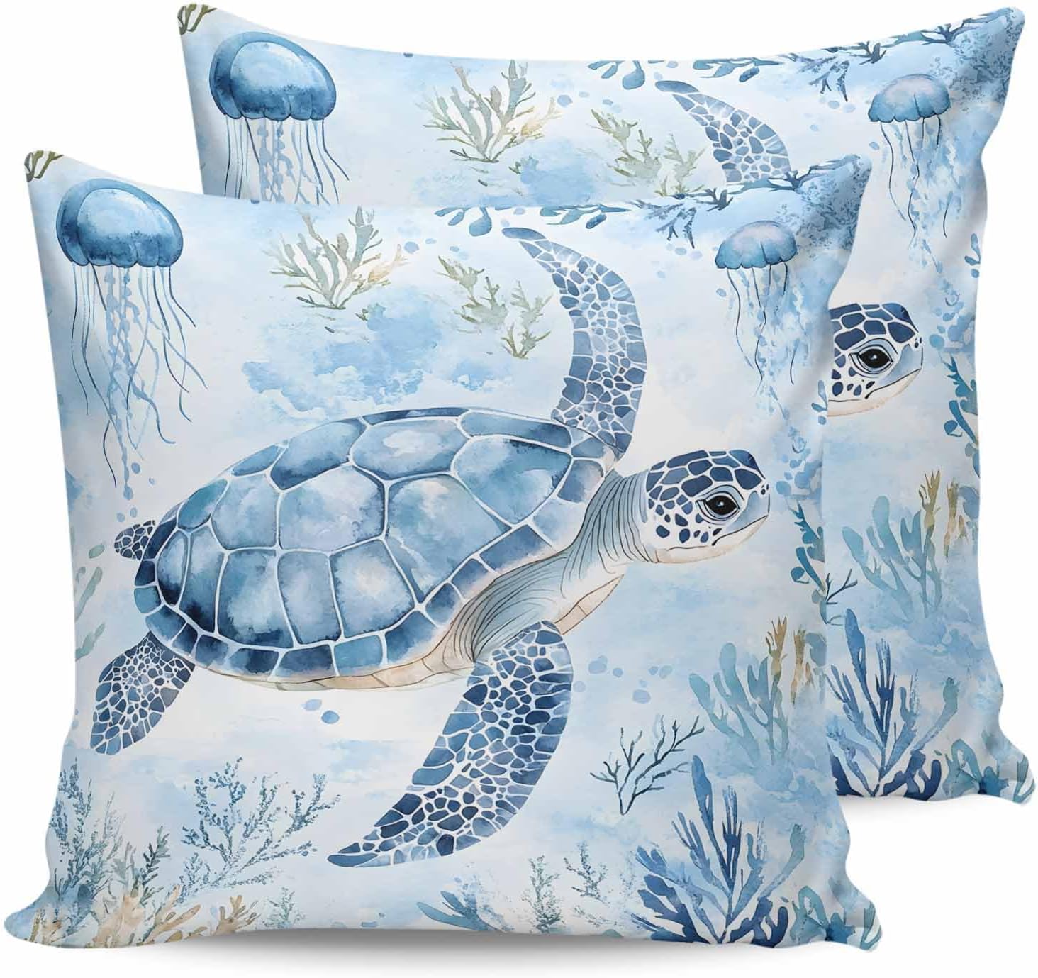 Summer Ocean Waterproof Outdoor Pillow Covers 26x26 inch, Blue Turtle Jellyfish Polyester Throw Pillow Covers Garden Cushion Decorative Pillowcases for Patio Couch Decoration