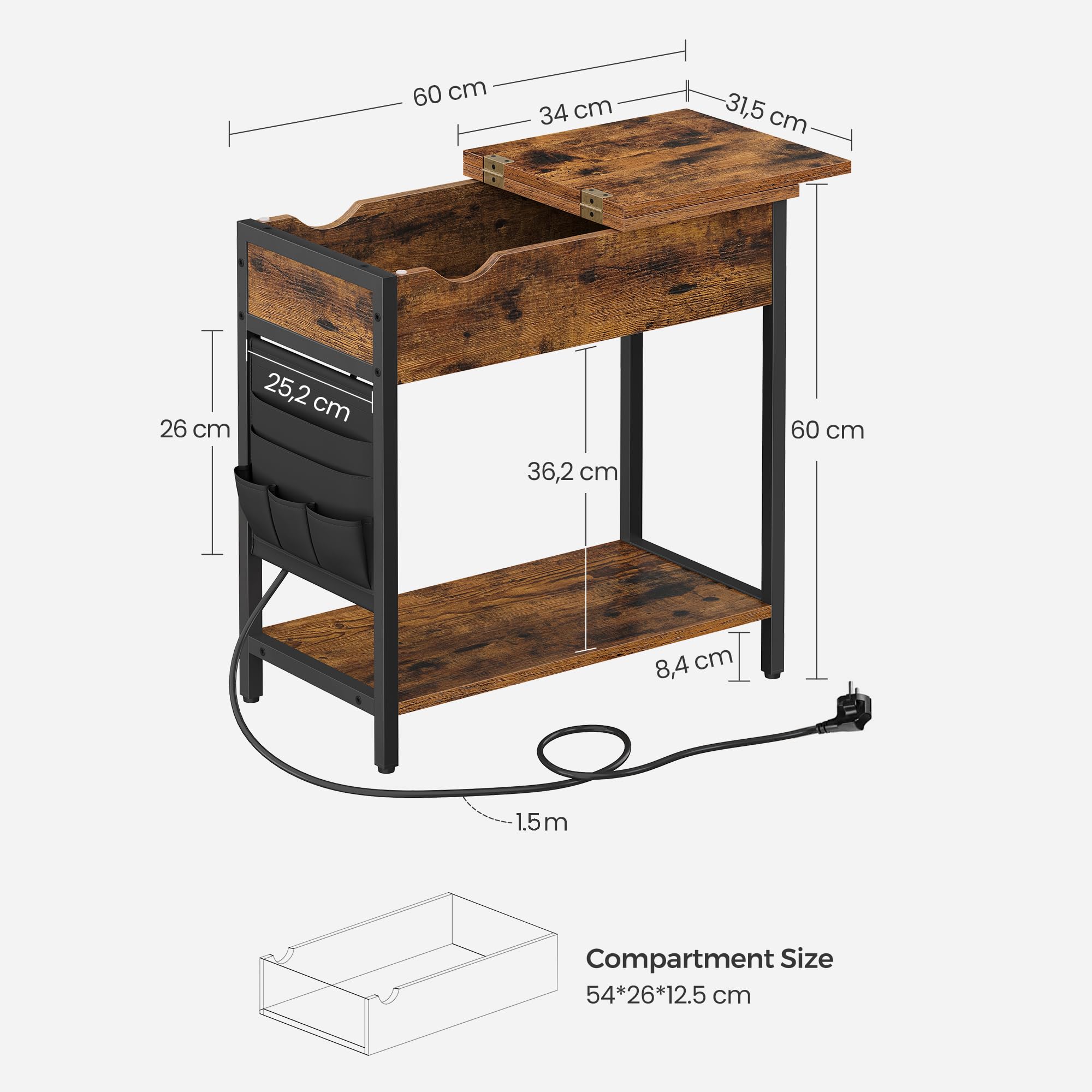 VASAGLE LET311B01 Table de Charge avec Prise électrique, Table de Chevet Rabattable avec étagère de Rangement et Sac en Tissu, pour Salon, Chambre à Coucher, Marron Rustique et Noir