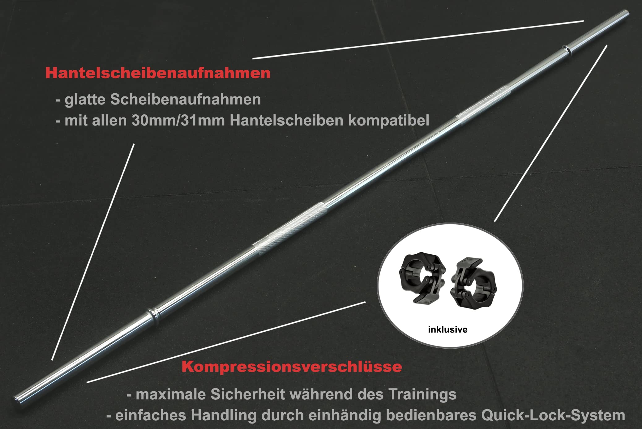 Langhantelstange 30mm Hantelstange | 167cm | 180cm | 195cm | gerändelte Griffflächen | glatte Aufnahme | verchromt | Kompressionsverschlüsse | Studioqualität