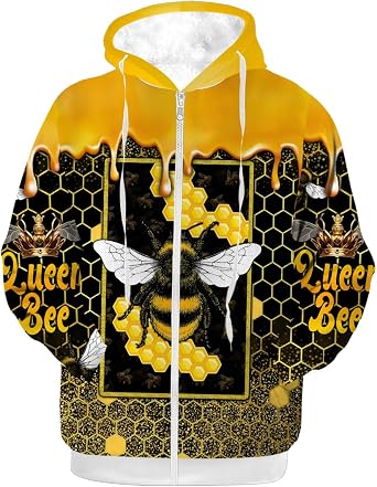 Bee Fleece Full Zip Up Jacket Hooded Sweatshirt Warm Winter Coats for Women Men