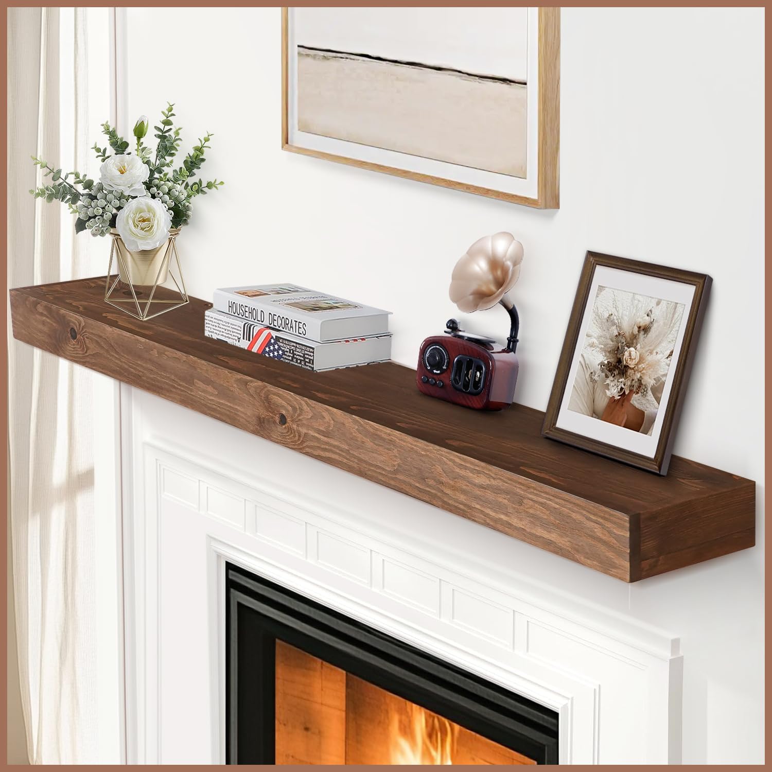 G GOOD GAIN Fireplace Mantel 54 inch - Handcrafted Rustic Solid Wood Mantel l Floating Shelves Decor for Wall, Bedroom, TV, Books, Livingroom.DarkWalnut, 48 X 8 X 3 48"x8"x3" Darkwalnut