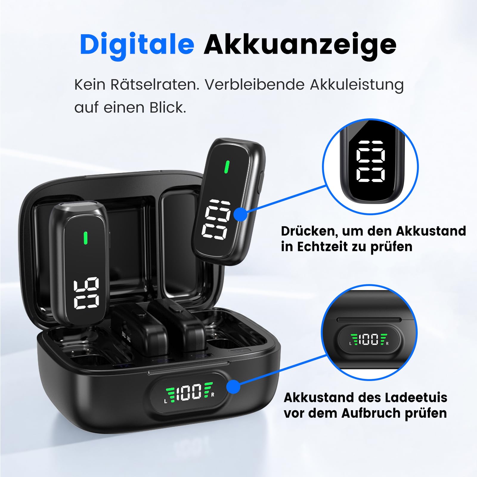 Funkmikrofon für iPhone & Android, USB-C & Lightning, 2 Mikrofone, Digitale Akkuanzeige an Mikrofonen & Ladecase, KI-Geräuschunterdrückung für TikTok, YouTube, Podcast