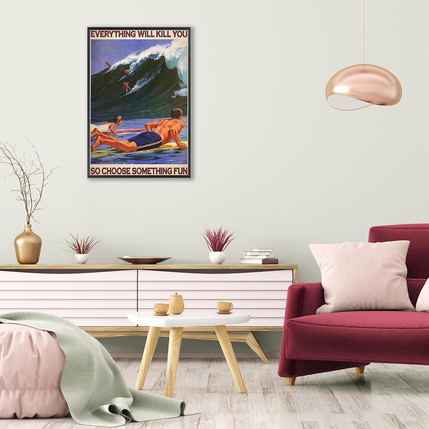 Enveable Retro Hawaii Surfing Fun Poster Summer Tropical Beach Hawaiian Island Beach Art Blue Ocean Wave Surfer Water Sport Surfboard Prints For Home Bedroom Dorm Bathroom Wall Decor 12x16in Framed