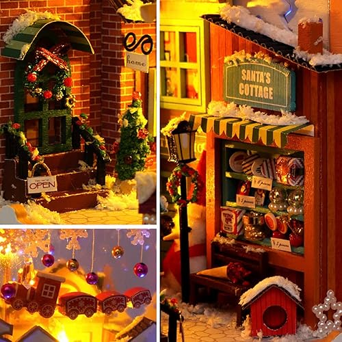 Miniatura 7 de Kit de rincón de libros de Navidad, rompecabezas de madera 3D, kit en miniatura con luz LED, inserción decorativa, soporte para libros, kits de