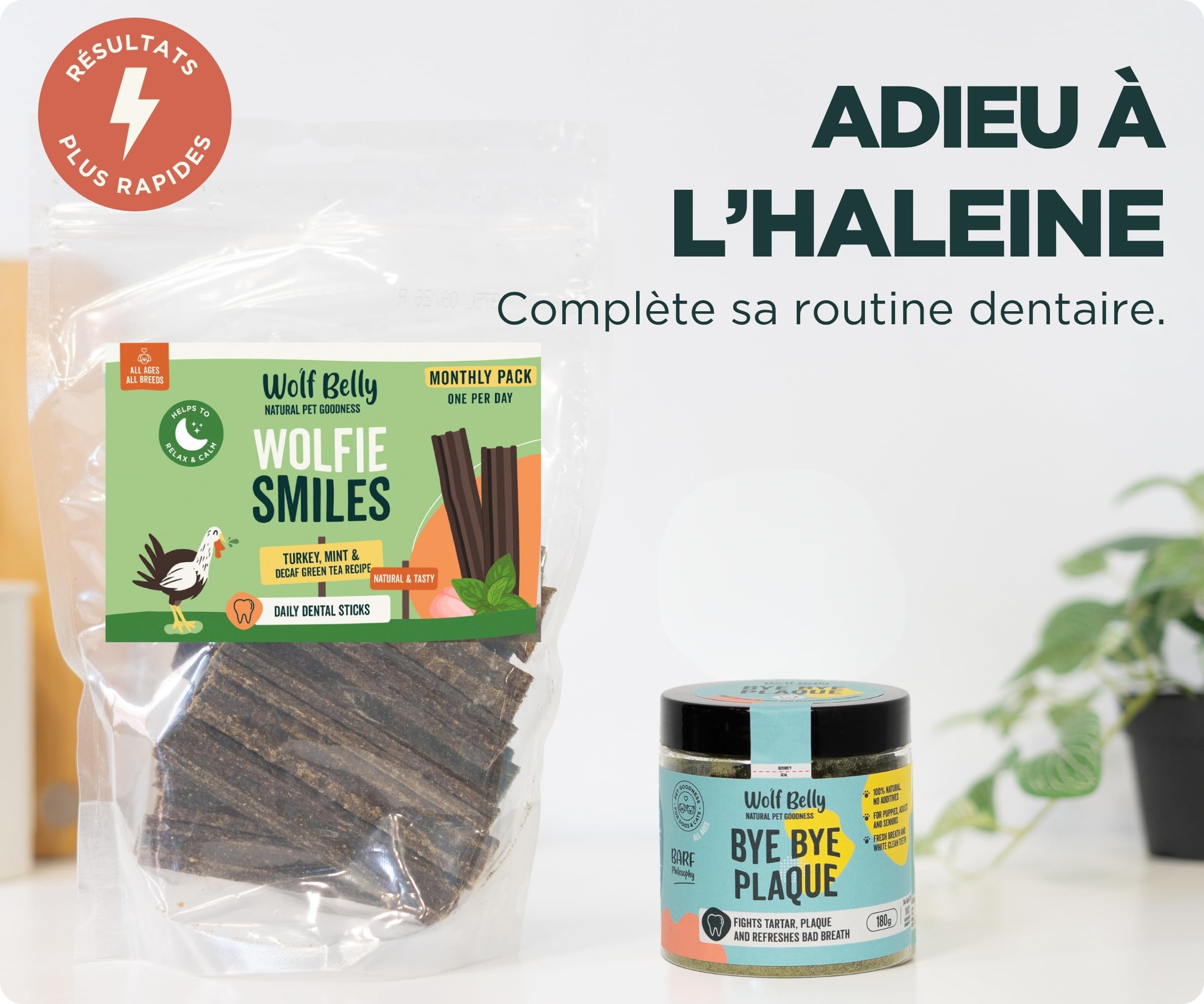 Wolf Belly - Pack d’Hygiène Dentaire Naturelle pour Chiens | Sticks Dentaires à la Dinde 93% (28 unités) + Bye Bye Plaque - Fabriqué en UE