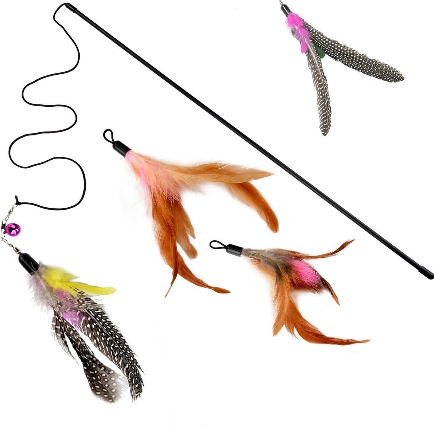 HTKJ Cat Catcher Teaser Wand with 4 Bird Feather Cat Toy -Interactive Cat Wand for Cat and Kitten