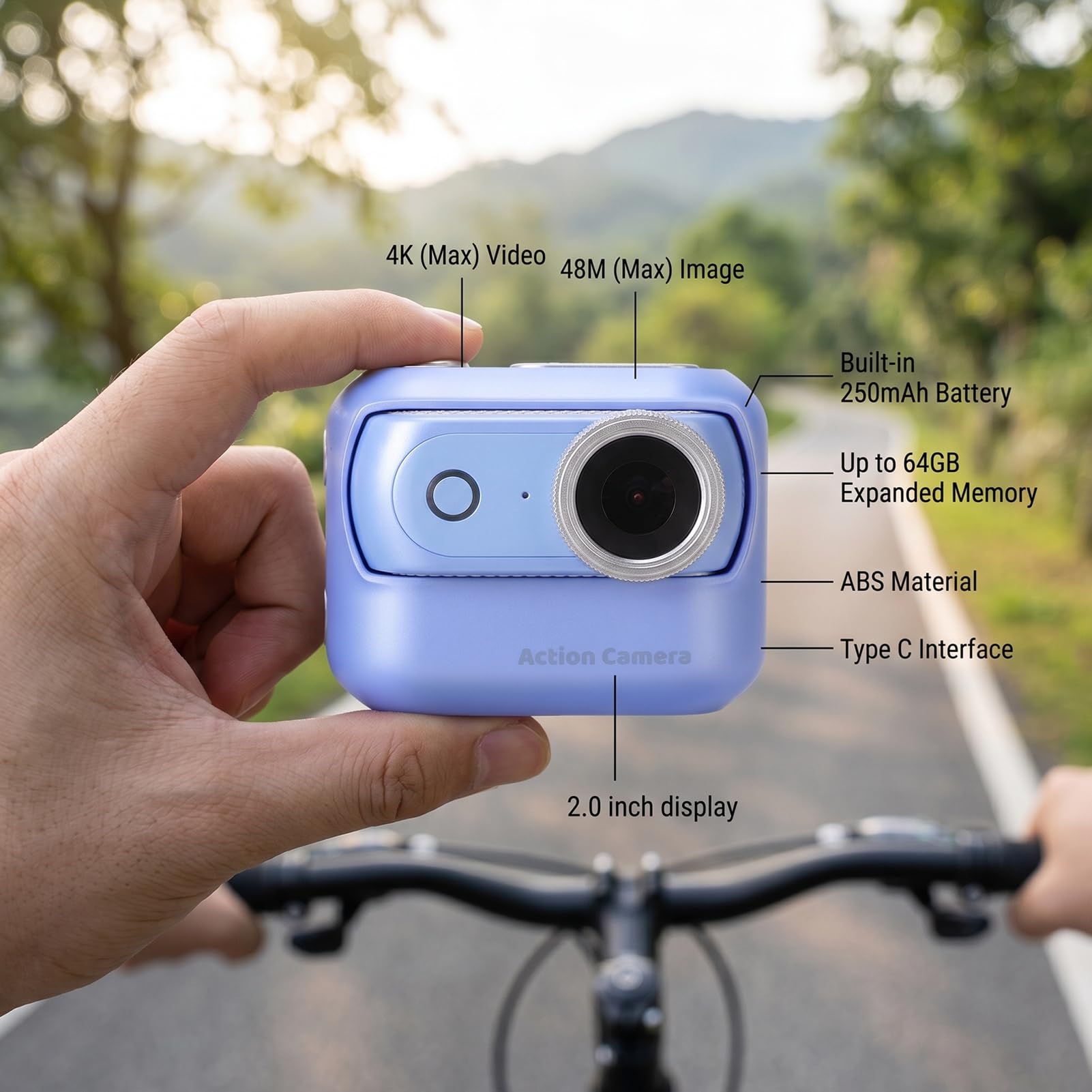 Action Cam 4K con Foto da 48MP per Vlog, Corsa e Ciclismo — Mini Sports Cam Magnetica con WiFi e Touchscreen Ribaltabile da 2,0” per Riprese POV (BLUE)