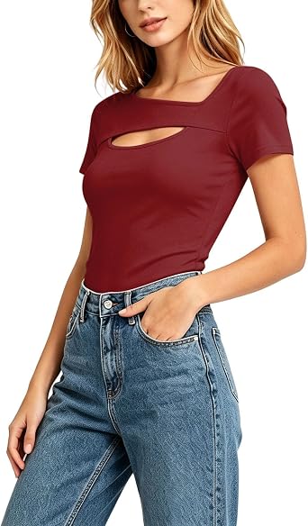 Womens One Piece Cutout Tops Short Sleeve Asymmetrical Slim Fit T-Shirt Going Out Casual Date Night Summer Shirts