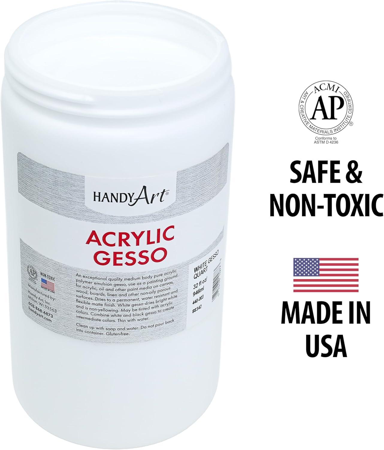 Handy Art Acrylic Gesso, 32 oz, White, Primer for Canvas, Wood, & Artist Painting Surfaces, Enhances Acrylic Paint Adhesion, Low Viscosity, Thick Coverage, Certified Safe & AP Non-Toxic, Made in USA