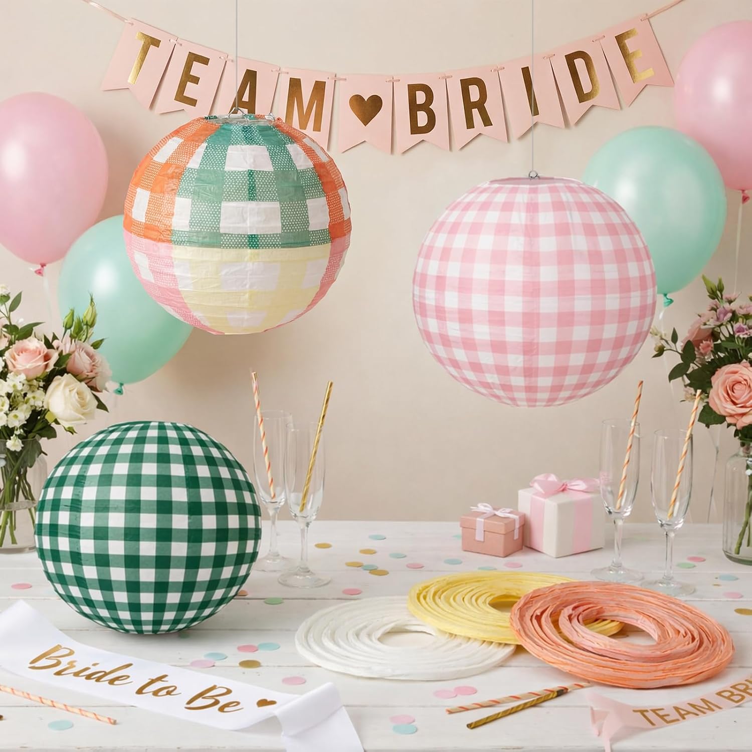 Glooglitter 12 Pcs Camp Gingham Paper Lantern Cute Camping Bachelorette Decorations Kit Pink Green Gingham Camp Bride Supplies for Spa Wedding Bridal Engagement Baby Shower Party Decorations, 8inch