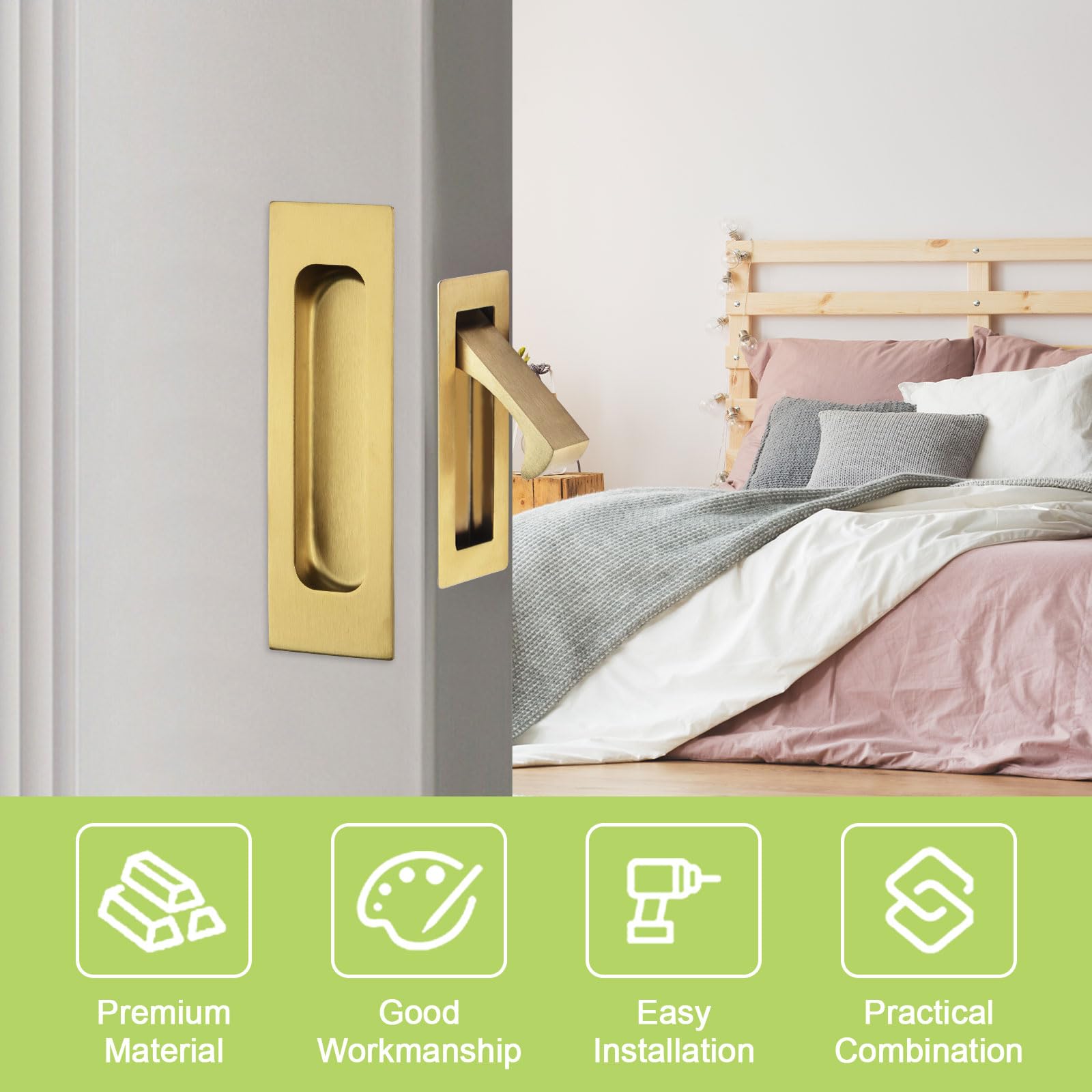 UFURMATE 1Pcs Flush Mount Door Pull and 2Pcs 6in Edge Pulls Stainless Steel Recessed Pocket Door Handle Set Sliding Door Pull Hardware for Closet (Brushed Gold) - Image 3