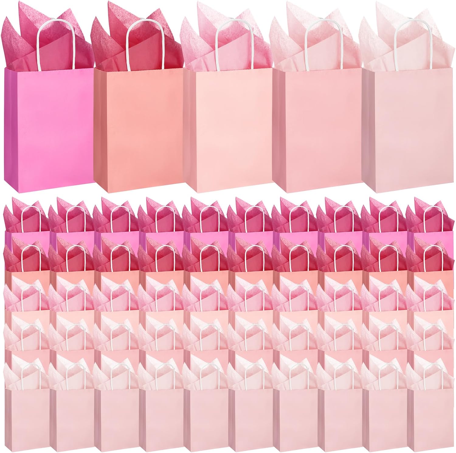 Kolldenn 50 Set Gradient Pink Gift Bags with Tissue Paper 8.27 x 5.91 x 3.15 Inch Small Paper Bags with Handles Thank You Gift for Baby Shower Bridal Shower Wedding Party Favors Goodies