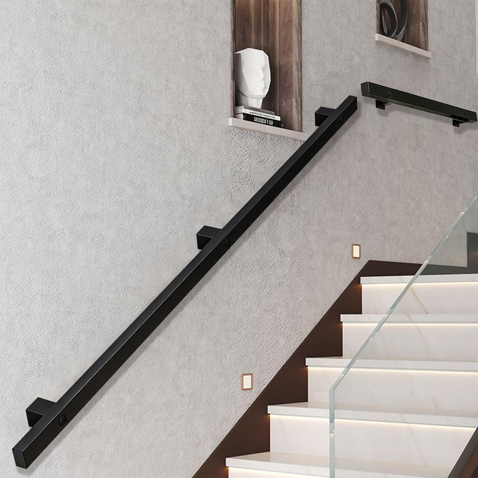 Drsyffsup One Color Modern Stair Banister Handrail - 60Cm 1.5M 180Cm 2M 3M 3.9M 4.5M 5M 6M Industrial Stair Railing Wall Mounted For Loft Corridor Assistive Safety Hand Rail, Black(18Ft/540Cm)