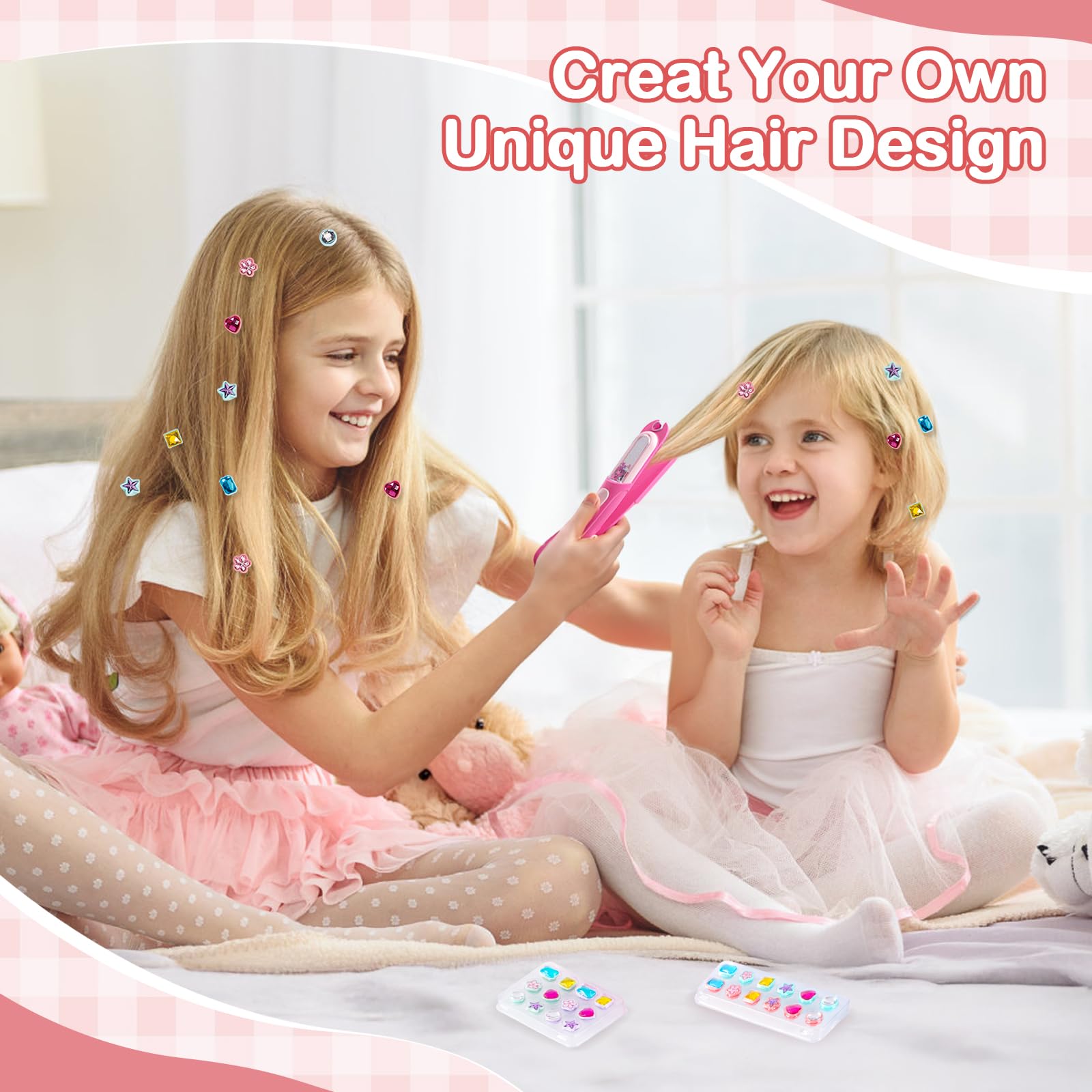 Kit de estampador de gemas para el cabello, joyas brillantes para el cabello para niñas, herramienta de peinado con diamantes brillantes reutilizables, regalo de Navidad, cumpleaños, artes y 3
