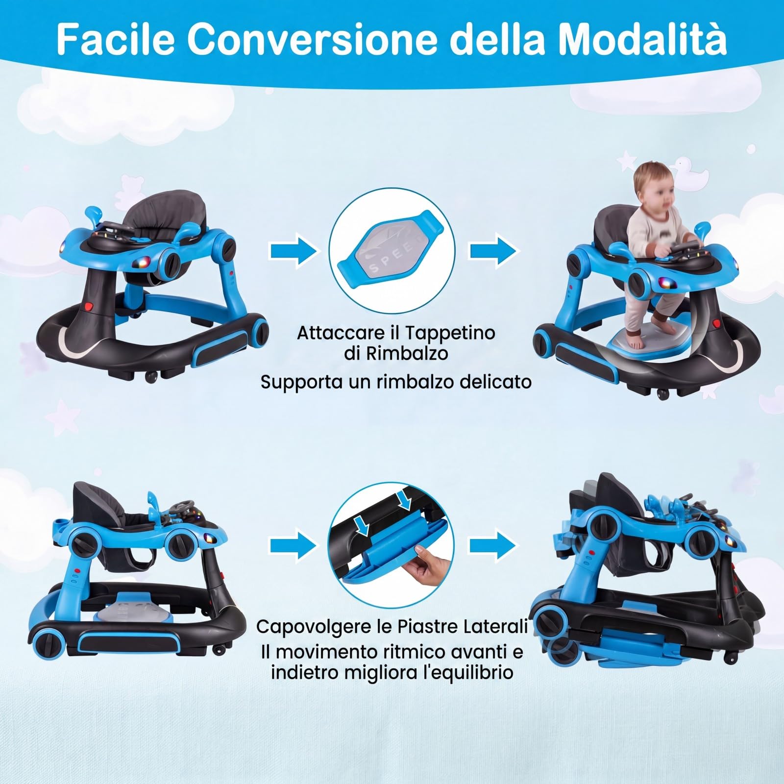 COSTWAY Girello per Bambini 6-in-1 Evolutivo, Centro Attività Pieghevole con Maniglia, Regolazione Altezza/Velocità, con Musica, Luci Tenda, per Neonati 6-18 Mesi (Nero+Blu)