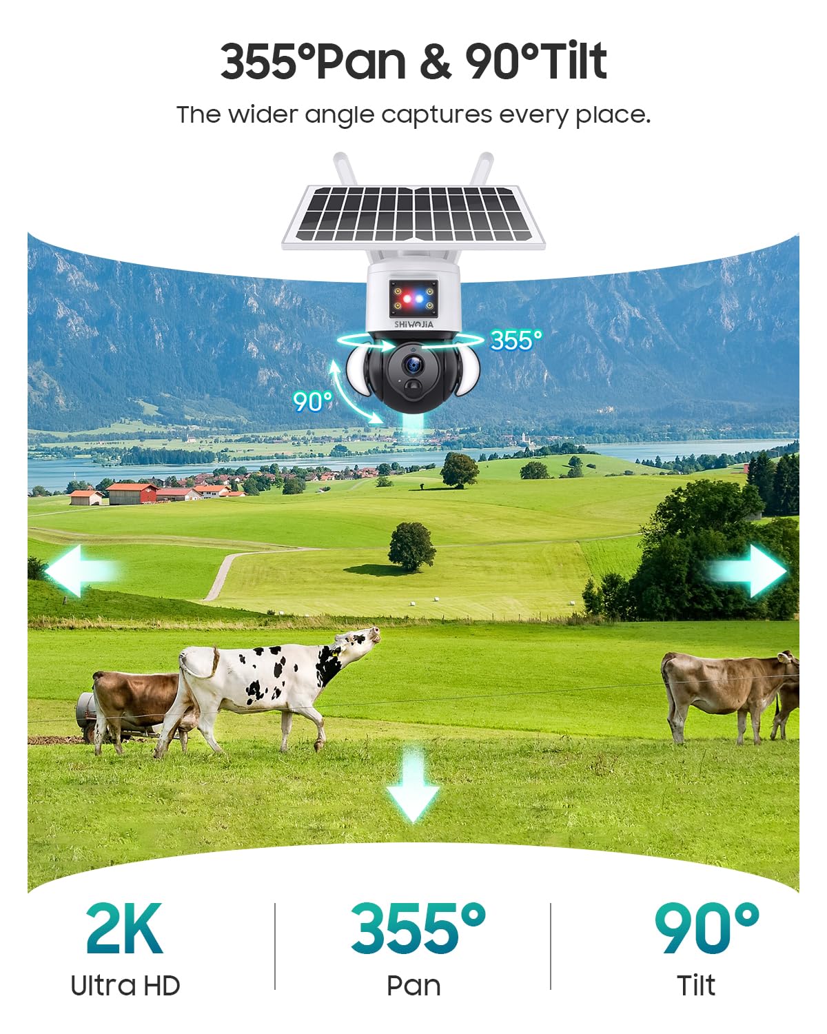 SHIWOJIA 4G Telecamera SIM Esterno con Solare, 2K 4MP 360° PTZ Telecamera Senza Fili con Batteria 12000mAh, Rilevamento PIR, Audio Bidirezionale, Allarmedi Luce Rossa e Blu, SD& Cloud archiviazione