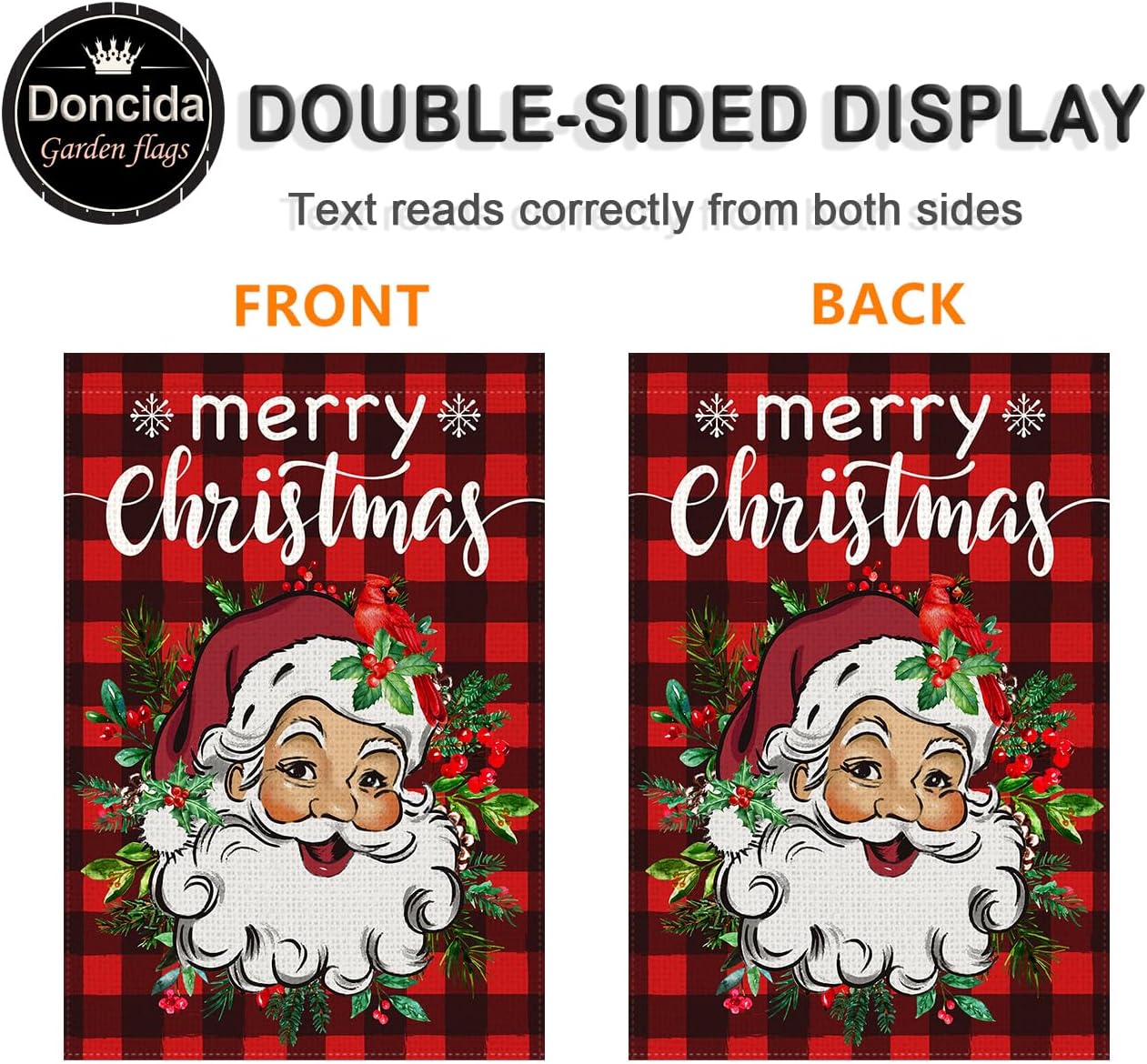 Doncida Merry Christmas Garden Flag 12x18 Inch Double Sided Burlap Santa Claus Red Buffalo Plaid Wreath Small Holiday Winter Xmas Yard Flag for Outside Decoration - Image 2