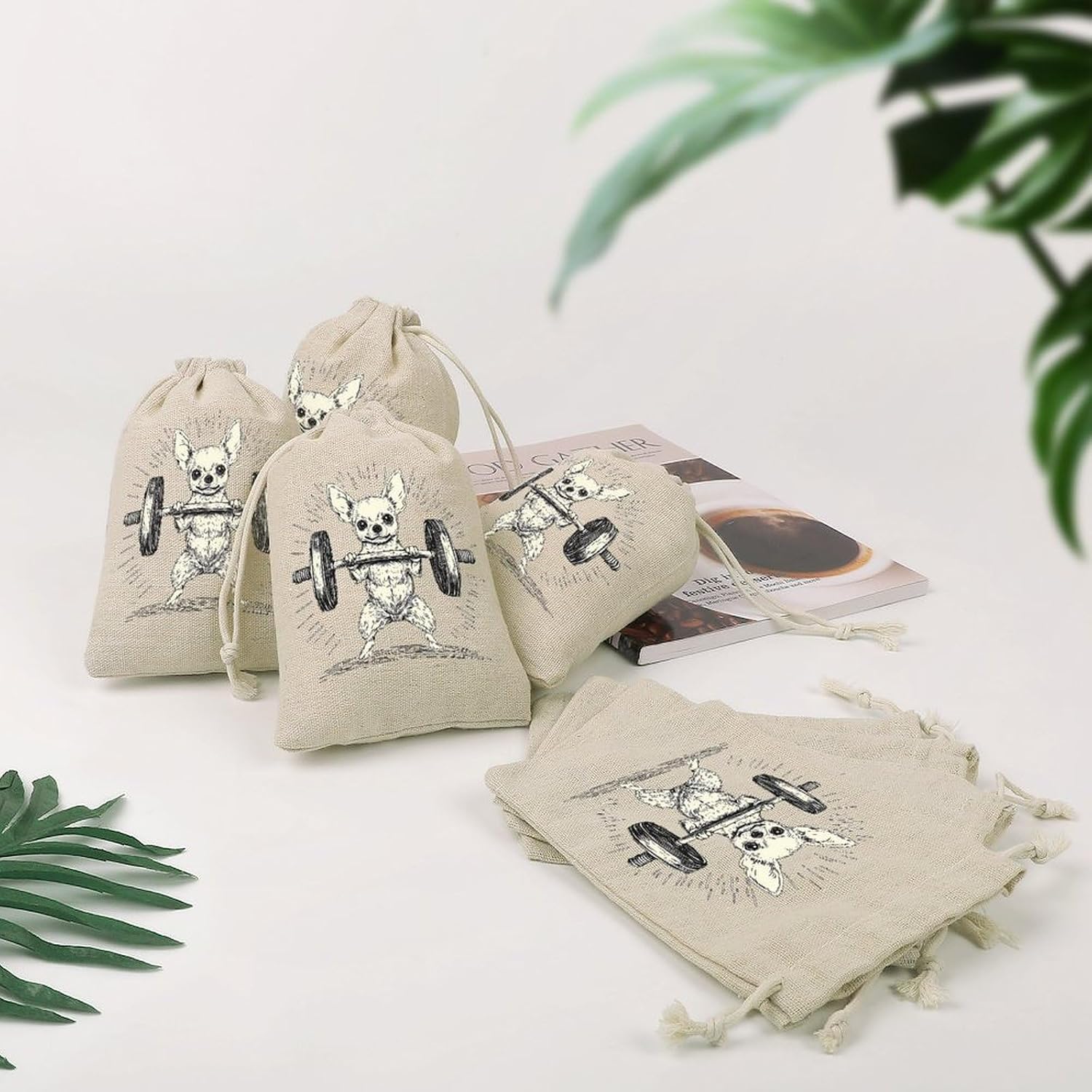Chihuahua Dog Weightlifting Fitness Small Drawstring Bags Cotton Linen Pouch Pockets Reusable Package 8 PCS image 4