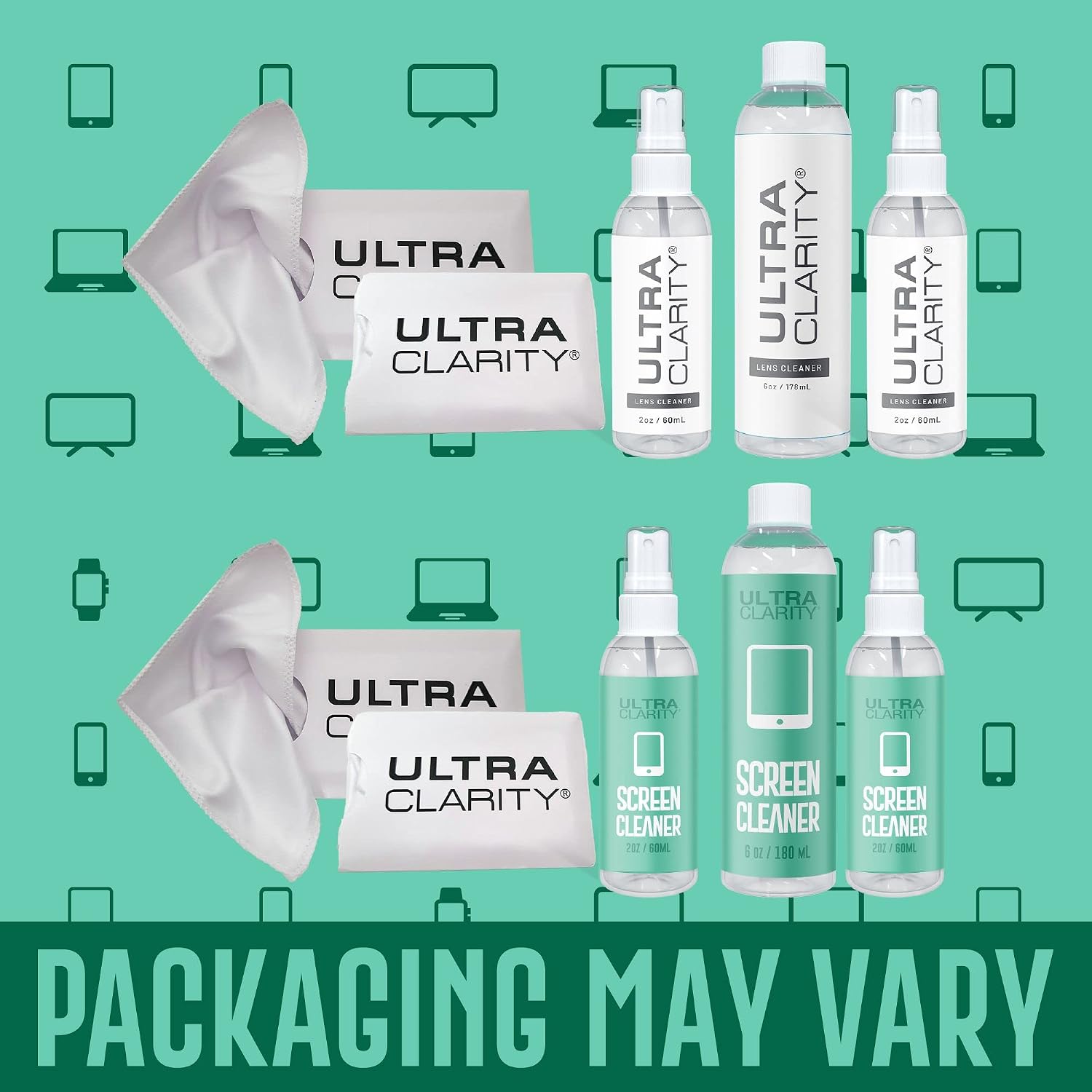 ULTRA CLARITY Screen Cleaning Spray 10oz Value Pack, 2 2oz Sprays, 6oz Refill, & 2 Microfiber Cloths, LED LCD TV, Phone Screen, Laptop, Touchscreen, Optical Grade Streak-Free Cleaner