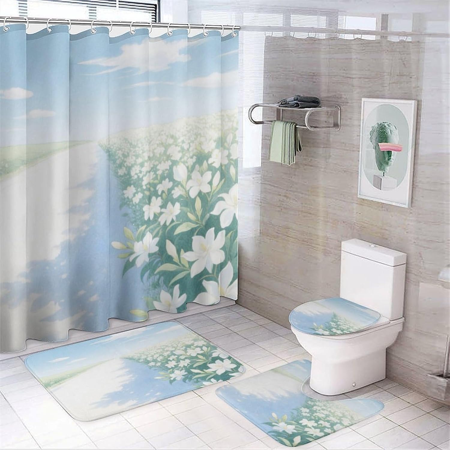 Gardenia Bath Rug Set 4 Piece,Bathroom Accessories Set-Toilet Rugs U Shaped,Toilet Lid Cover,Shower Curtain and Rugs,Ultra Soft, Absorbent,Home Decor