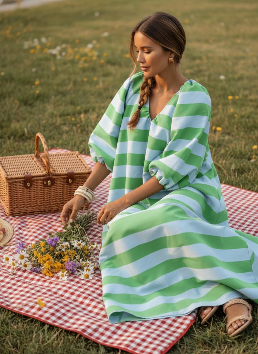 Women's Oversized Striped Lantern Sleeve V Neck Maxi Dress Casual Loose Printed Half Sleeve Long Dresses with Pockets