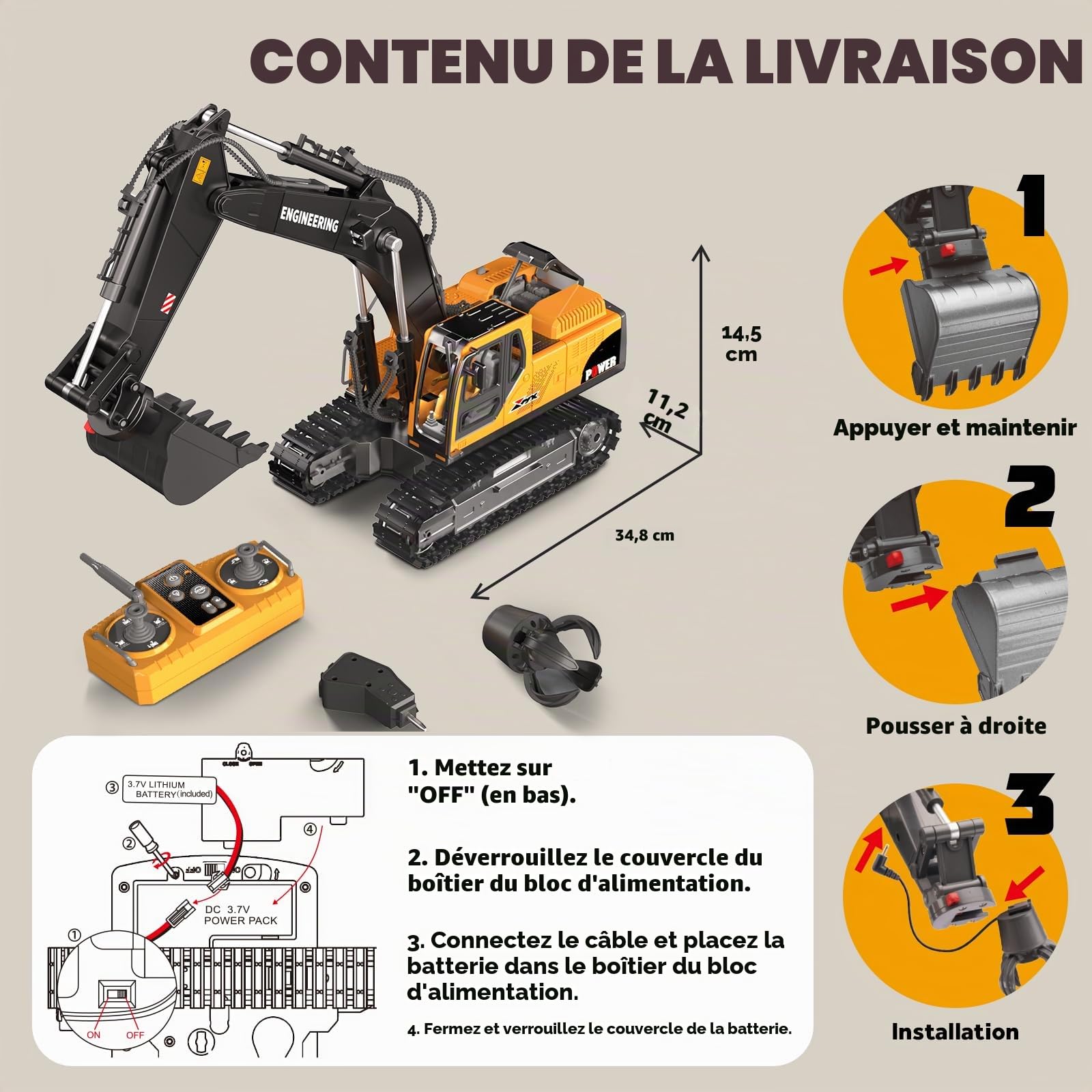 GraceDuck Pelleteuse Télécommandée 3-en-1, 2,4 GHz avec Fonctions Son & Lumière - Rotation 680° et 3 Accessoires Interchangeables, Convient à Divers terrains, Jouet idéal pour Les Enfants de 6-12 Ans